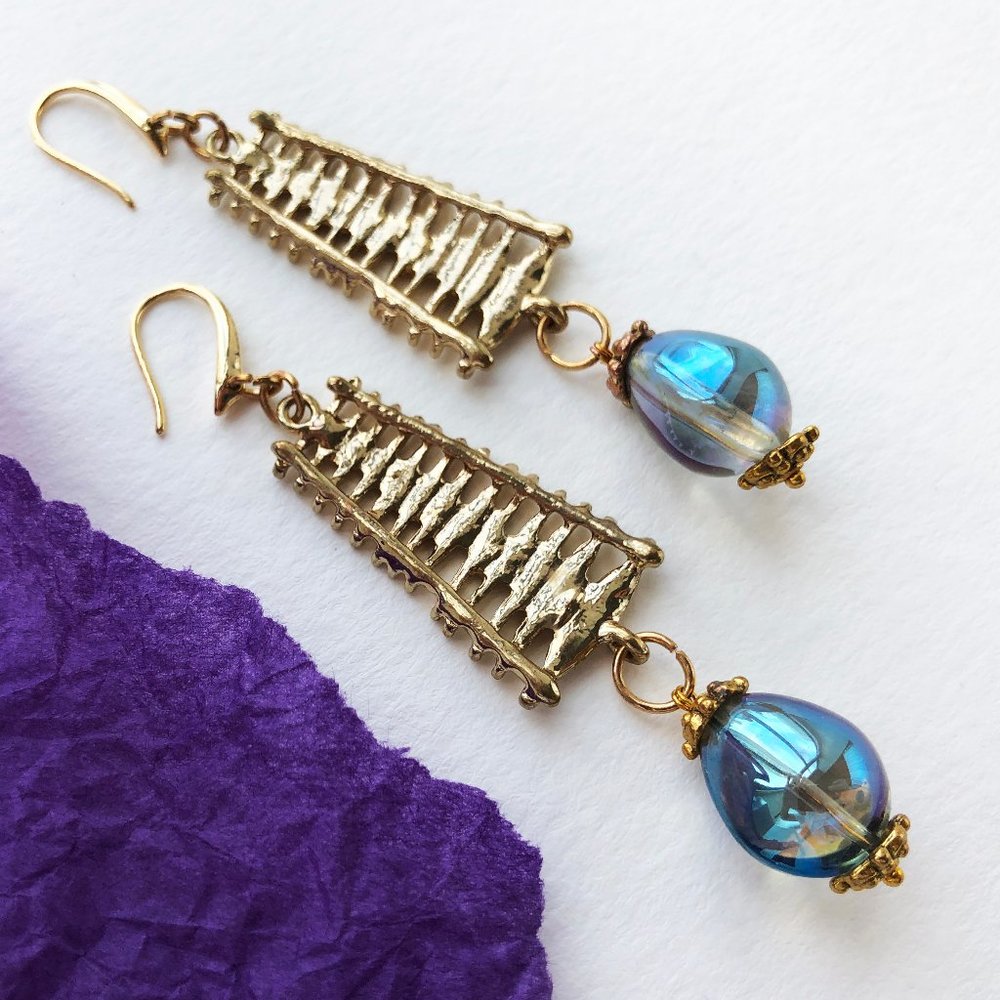 Long party earrings for women, glass bead drop dangle earrings gold handmade